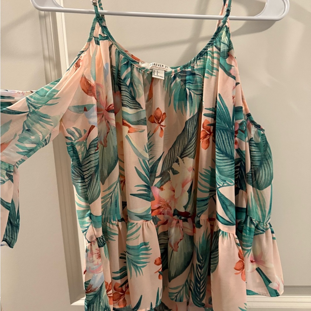 NWOT Forever 21 Tropical Floral Blouse - Pink and Green - Picture 3 of 8